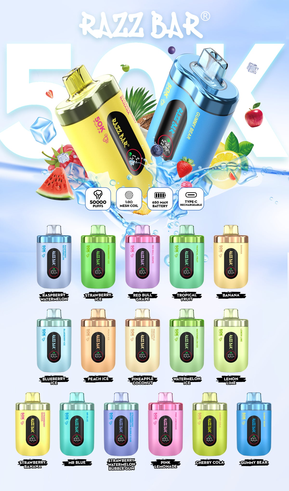 16 Flavors Razz Bar 50000 Taff Vape