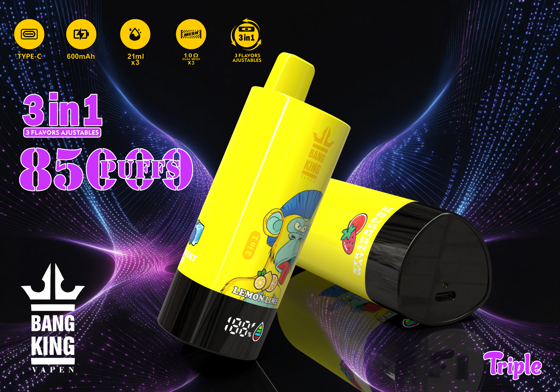 Bang King Triple Puff 85K Bouffees Vape Jetable with Rechargeable Batterie