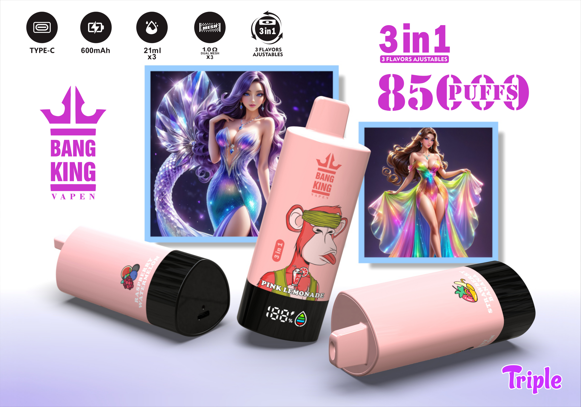 Bang King Puff 85000 Taff Triple Gout Rechargeable Cigarette électronique Jetables