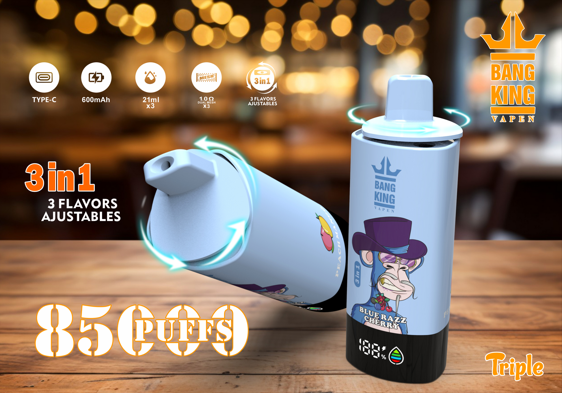 3-in-1 Gout de Puff 85000 Bouffees Nicotine Cigarette électronique Jetable with écran LED