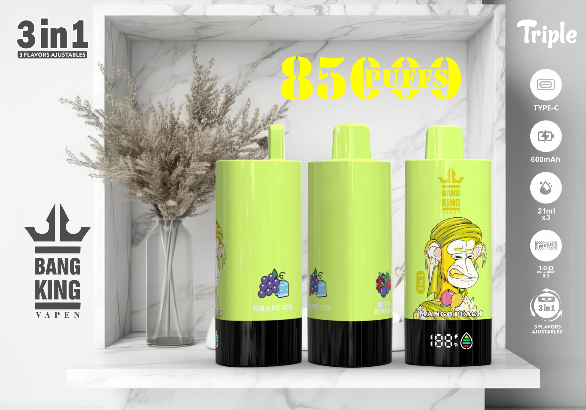 Bang King Triple Flavor Puff 85K Bouffees 3‑in‑1 Disposable Vape with 63ml E-liquide