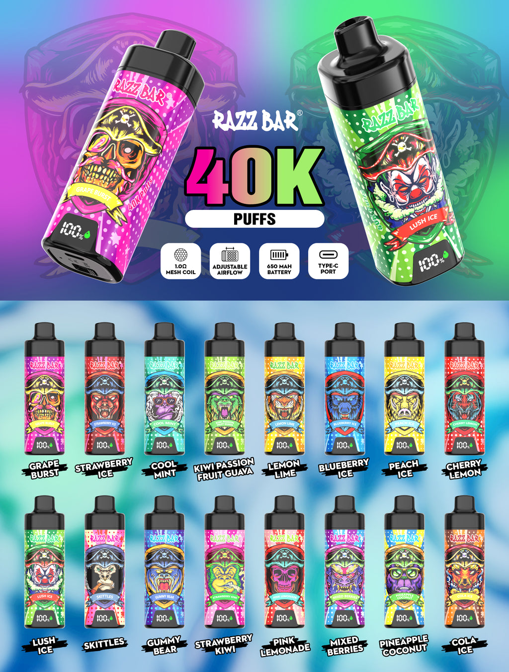 Razz Bar NEU 40K Züge Vape 18 Geschmacksrichtungen