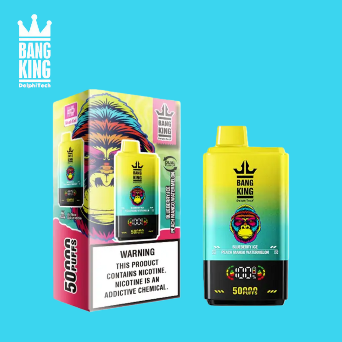 Bang King 50K Puff 50000 Taff Blueberry Ice & Peach Mango Watermelon Gout Vape Jetable
