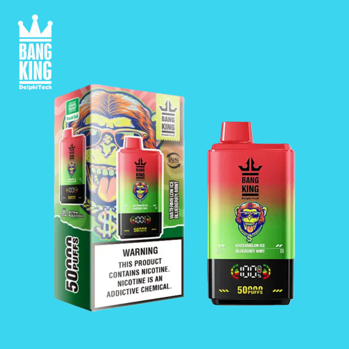 Bang King Puff 50K Taff Watermelon Ice & Blueberry Mint Double Saveur Vape Jetable