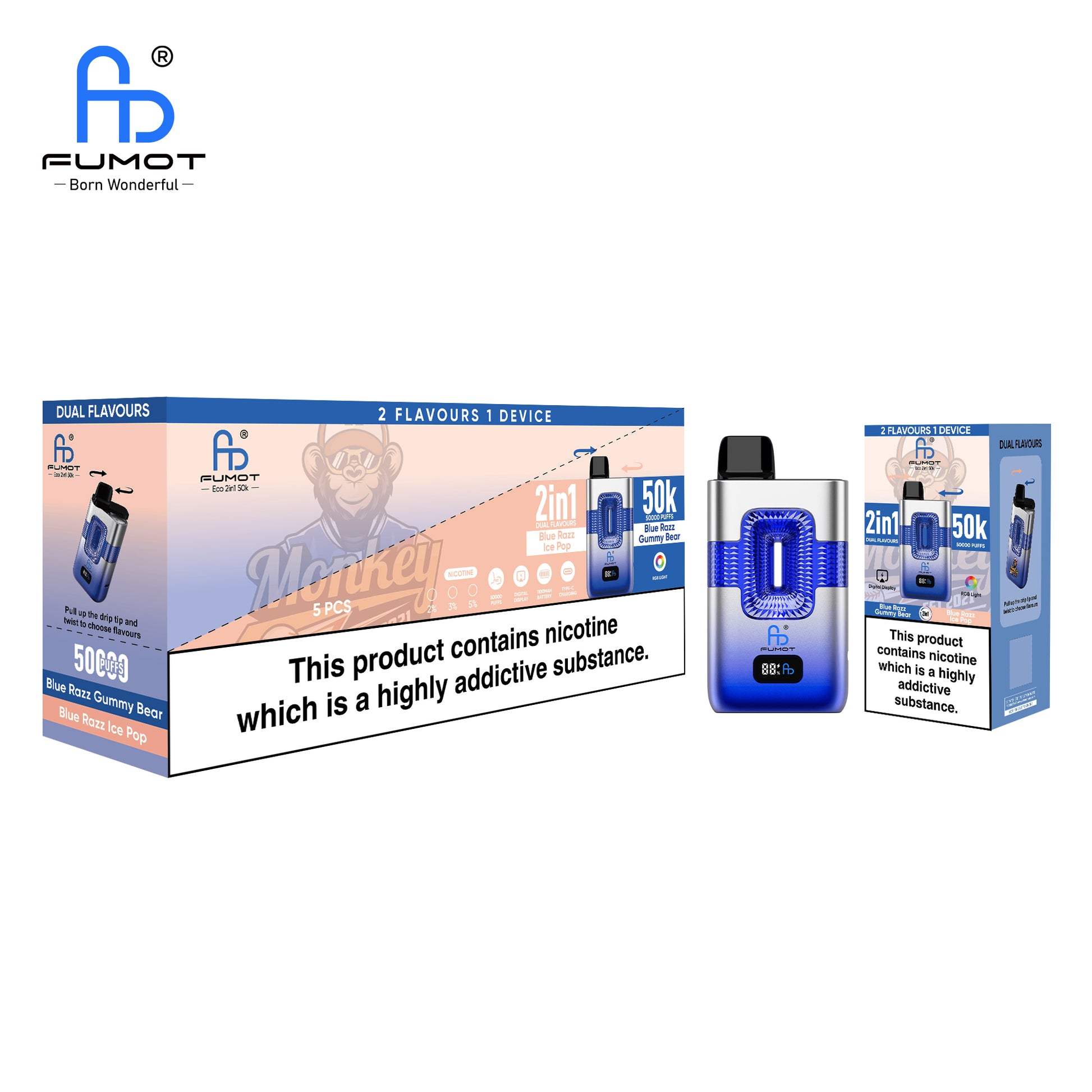 RandM Fumot ECO 2IN1 50K Blue Razz Gummy Bear & Blue Razz Ice Pop