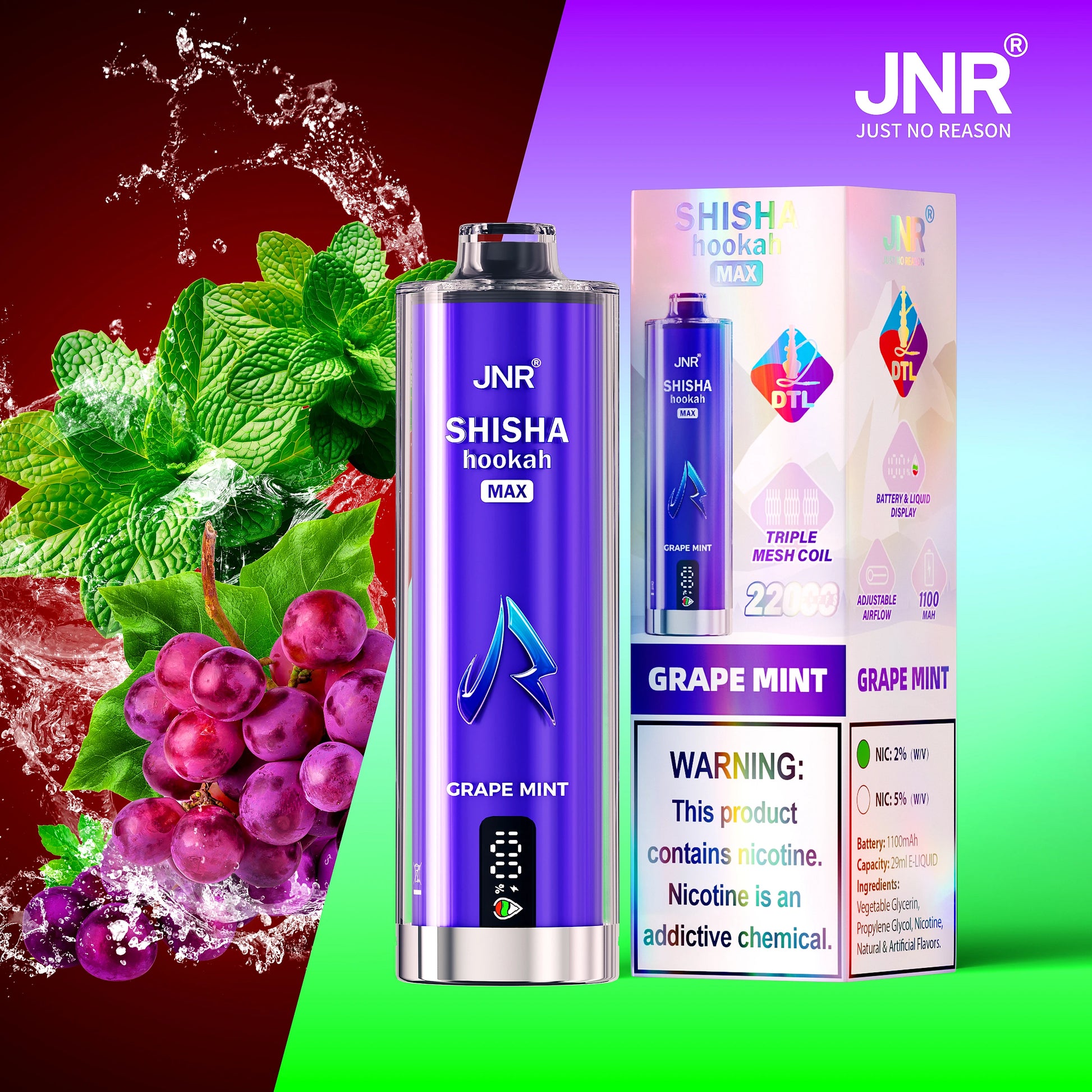 JNR Shisha Max 22000 Grape Mint Nicotine 2%