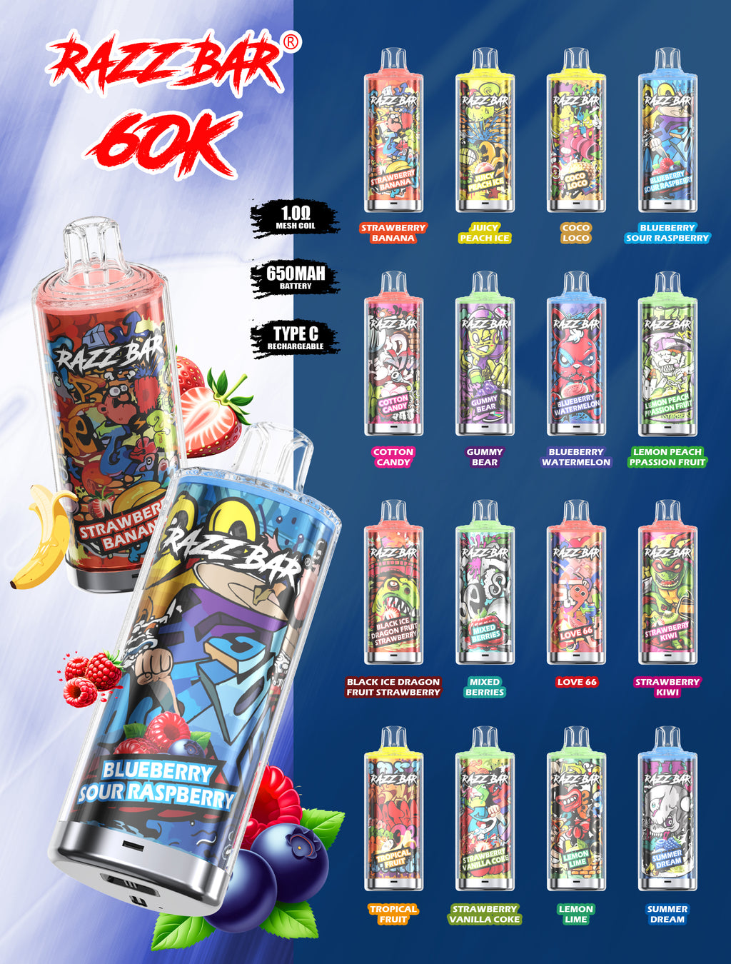 Razz Bar 60K Puffs Vape – 16 Geschmacksrichtungen erhältlich